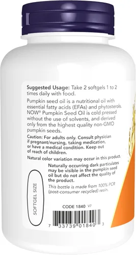 Vista 3 de NOW Suplementos, aceite de semilla de calabaza 1000 mg con ácidos grasos esenciales y fitoesteroles, prensado en frío, 100 cápsulas blandas