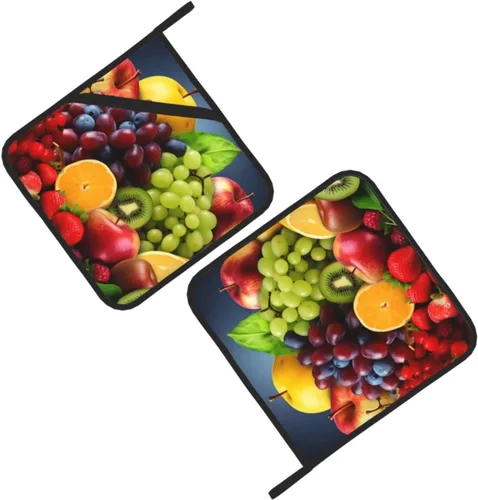 Vista 6 de Juego de 2 soportes para ollas con estampado de frutas, resistentes al calor, almohadillas calientes gruesas con bucle, resistentes al calor