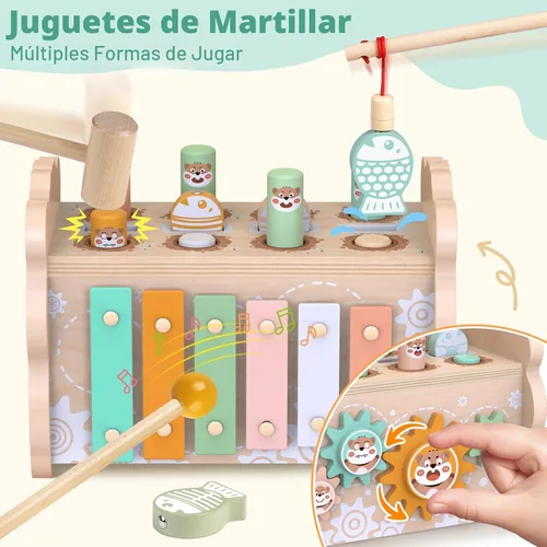Vista 3 de Juguetes de madera Montessori para niños pequeños de 1 a 3 años, juguete de martillado y golpeo para bebés con xilófono y juego de pesca, pista
