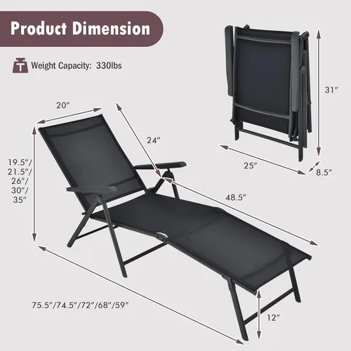Vista 3 de Tangkula Sillón plegable para exteriores, tumbona reclinable con respaldo ajustable de 5 posiciones y reposapiés de 2 posiciones, no requiere