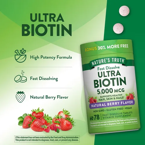 Vista 5 de Nature's Truth Biotin 5000mcg 78 tabletas de disolución rápida Sabor natural de bayas Vegano, sin OMG y sin gluten