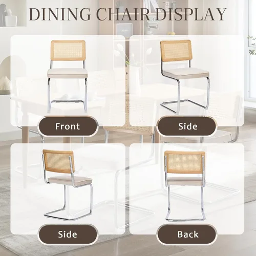 Vista 7 de Upholstered Velvet Dining Chairs Set of 2, Mid Century Modern Armless Upholstered Dining Chair with Rattan Back Stainless Chrome Frame for Dining