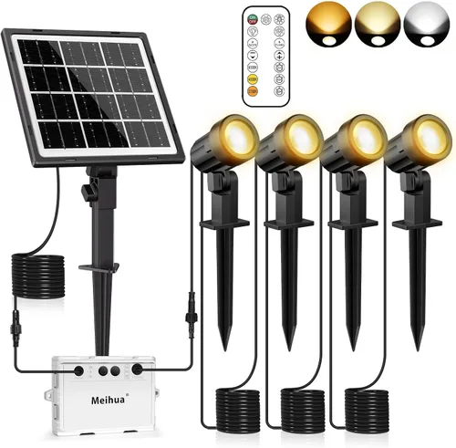 Vista 9 de MEIHUA Focos solares para exteriores 2 en 1, focos solares para paisajes de 2700 K/4000 K/6500 K, 3 brillos con control remoto, IP66 impermeable