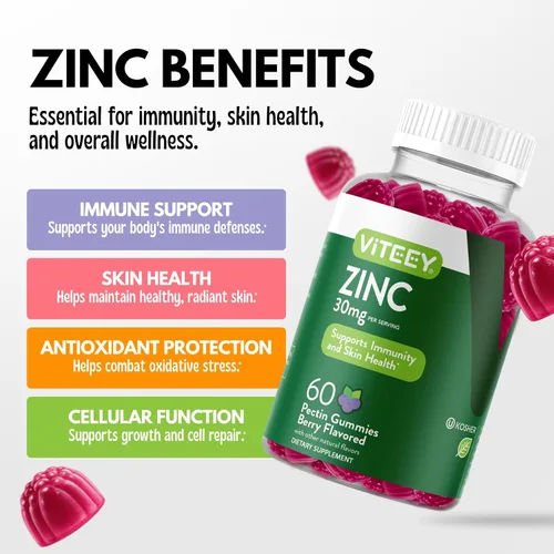 Vista 2 de Viteey - Gomitas de zinc para mujeres y hombres - 30 mg Suplemento de apoyo inmunológico, vegano, sin gelatina, sin OMG, 60