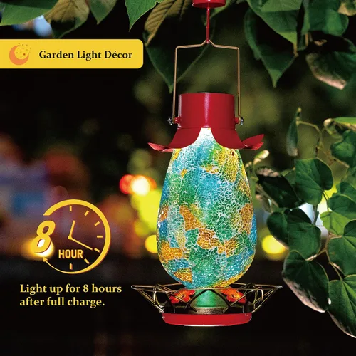 Vista 3 de Comedero solar LED para colibríes para exteriores, 40 onzas, mosaico de vidrio verde azulado, botella de néctar de colibrí colgante con 4 estaciones