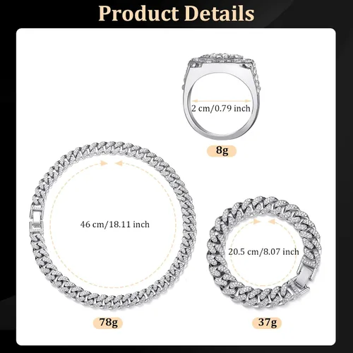 Vista 3 de Kenning Juego de 3 piezas de cadena de eslabones de plata, collar de cadena de eslabones de plata, collar de diamantes de imitación, anillo