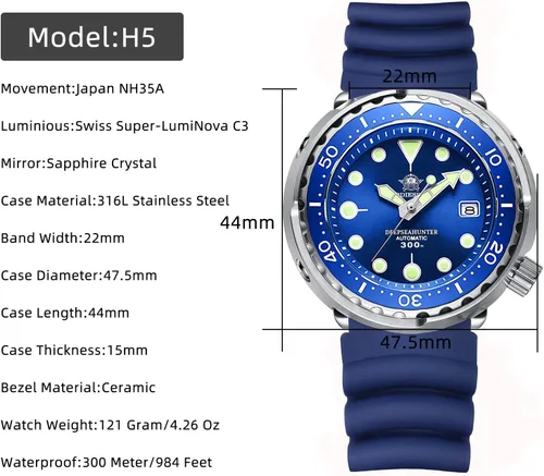 Vista 5 de ADDIESDIVE Automatic Steel Dive Watch for Men 47.5mm Black Analog Wristwatches Sapphire Crystal Diver 300M