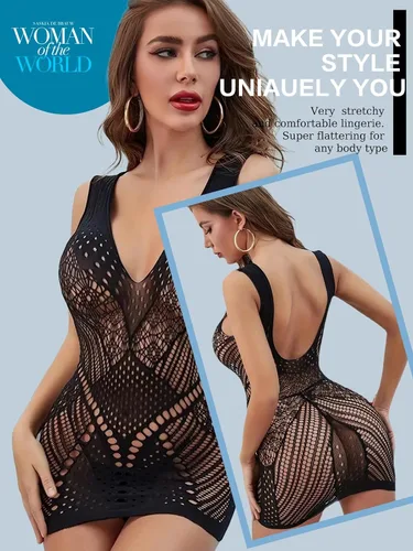 Vista 2 de SeaFever Lencería sexy para mujer, body de red transparente de una pieza con cuello en V, minivestido íntimo para el sexo, sin tirantes, babydoll
