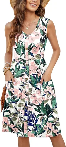Vista 23 de MOLERANI Vestido de verano para mujer, sin mangas, estilo casual, suelto, con vuelo, botones, midi, con bolsillos 01-beja Blue