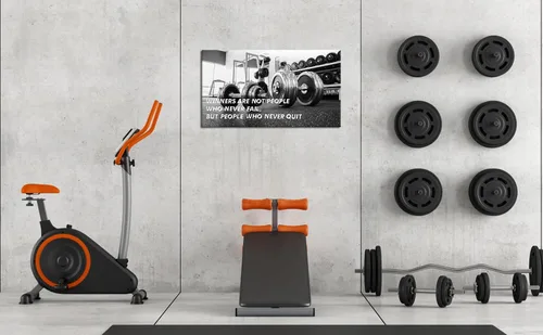 Vista 7 de SkenoArt Gimnasio motivacional arte de pared ganadores son aquellos que nunca renuncian decoración de pared con mancuernas en blanco y negro, lienzo