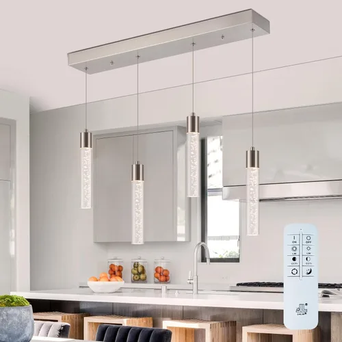 Vista 9 de Luces colgantes para isla de cocina con control remoto, níquel cepillado regulable y cilindro transparente, luces colgantes de cocina de altura