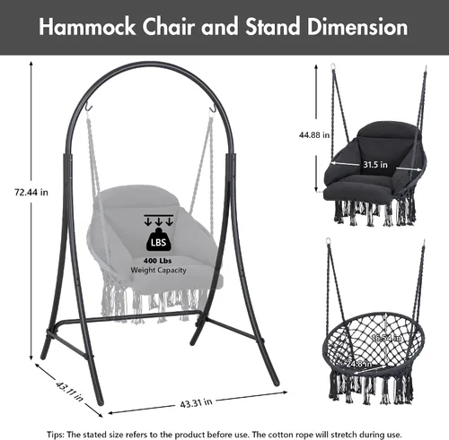 Vista 6 de ANOW Silla colgante con soporte incluido, hamaca resistente con soporte y cojín acolchado extraíble, máximo 400 libras, gris oscuro
