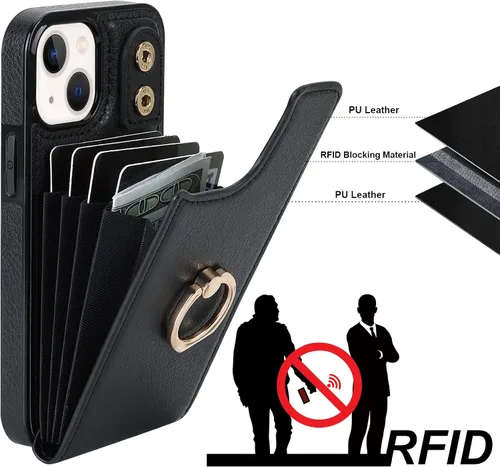 Vista 5 de Folosu Funda compatible con iPhone 13 Mini con soporte para tarjetas, rotación de 360°, soporte de anillo de dedo con función atril, protección