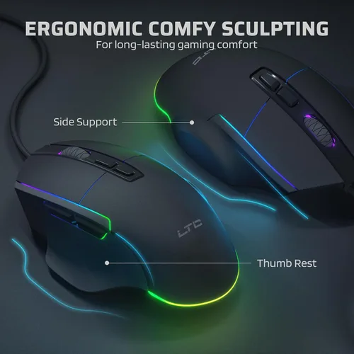Vista 5 de LTC GM-021 Ratón para juegos con cable, sensor óptico de alta precisión de 12800 DPI, 7 botones programables, RGB personalizable, forma ergonómica