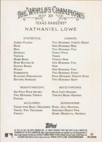Vista 2 de Topps Allen and Ginter #331 Nathaniel Lowe Texas Rangers SP - Tarjeta de intercambio de béisbol de la MLB 2022