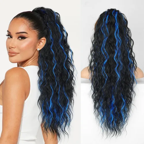 Vista 18 de KooKaStyle Extensión de cola de caballo con cordón de 26 pulgadas (66 cm) para mujeres, extensiones de cabello sintético rizado largo para uso