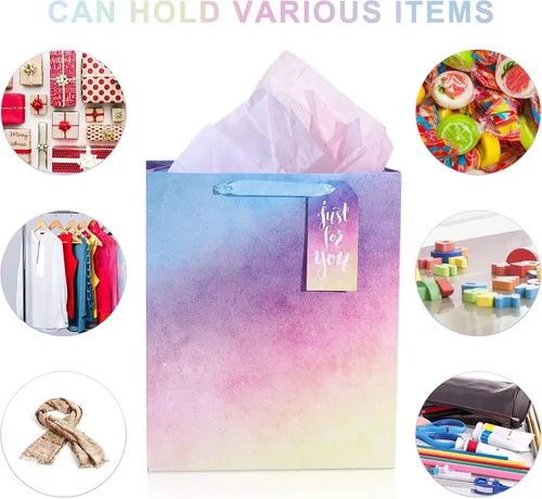 Vista 3 de Paquete de 4 bolsas de regalo con asas, bolsas de regalo de tamaño mediano degradado con purpurina con papel de seda, bolsa colorida de regalo