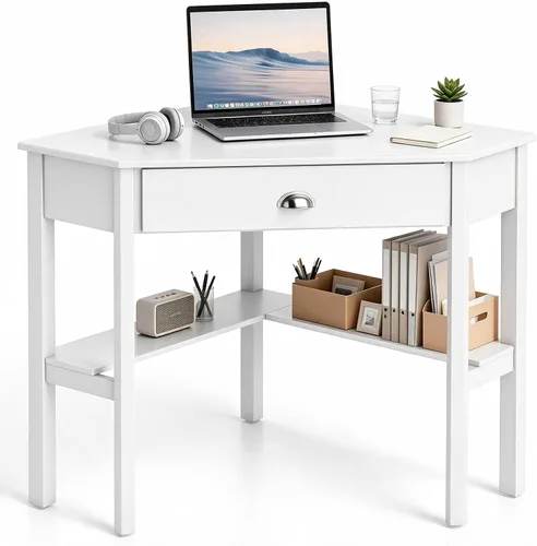 Vista 12 de Tangkula - Escritorio esquinero para computadora, mesa compacta de madera Negro