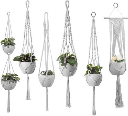 Vista 15 de Feedee Ganchos de macramé para plantas, paquete de 6, color negro, interior/exterior, algodón