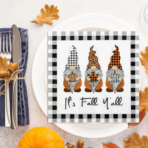 Vista 5 de AnyDesign Paquete de 80 servilletas de papel de gnomo de otoño, desechables, con texto en inglés "It's Fall Y'all", servilletas de almuerzo a