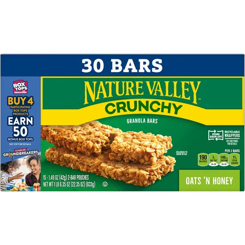 Vista 4 de Nature Valley Barras de granola crujientes, avena y miel, 30 unidades, 22.35 oz (15 bolsas) Avena integral con miel real, 0.78 oz de grano entero