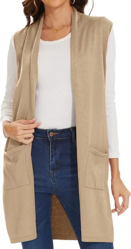 Vista 5 de Chaleco de punto largo para mujer, sin mangas, con bolsillos, frente abierto, drapeado, chaleco casual