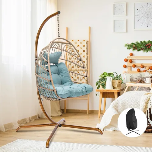 Vista 17 de NICESOUL Cómoda y cómoda silla de mimbre para exteriores con soporte, sillas plegables para patio con cojín, hamaca resistente de 350 libras