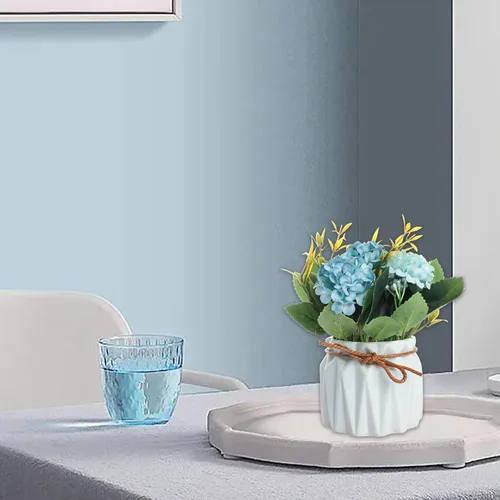 Vista 6 de Fumwase Ramo de hortensias artificiales con pequeño jarrón de cerámica, plantas de flores artificiales, mini flores de hortensias falsas, decoración