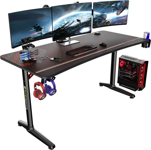 Vista 4 de EUREKA ERGONOMIC Escritorio curvo para juegos de 60 pulgadas con bandeja de teclado ajustable grande