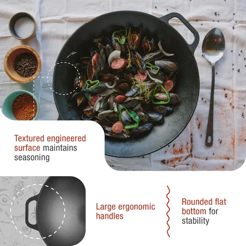 Vista 4 de Victoria Wok de hierro fundido con asas de bucle, fabricado en Colombia, 14 pulgadas
