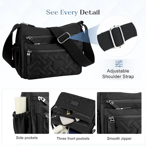 Vista 6 de Bolso cruzado para mujer, multibolsillo, de nailon, impermeable, ligero, casual, bolso de hombro