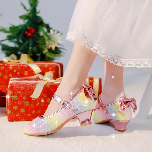 Vista 8 de Dufannie Zapatos de vestir para niñas, zapatos de tacón bajo de princesa, zapatos planos con purpurina para bodas y fiestas
