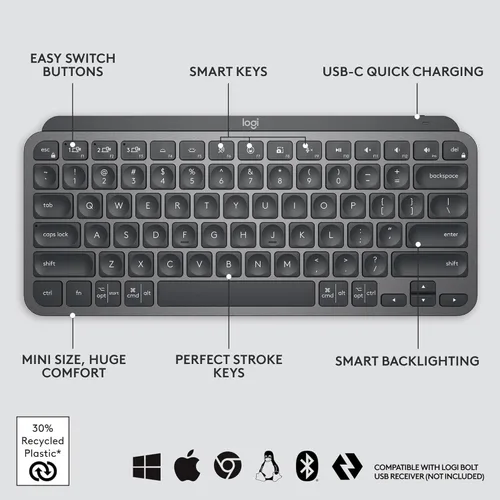 Vista 7 de Logitech MX Keys Mini - Teclado minimalista, iluminado, inalámbrico, compacto, con Bluetooth, retroiluminación, USB-C, compatible con Apple macOS