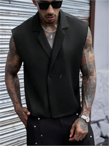 Vista 4 de GORGLITTER Camisas recortadas sin mangas con cuello en V y botones para Negro
