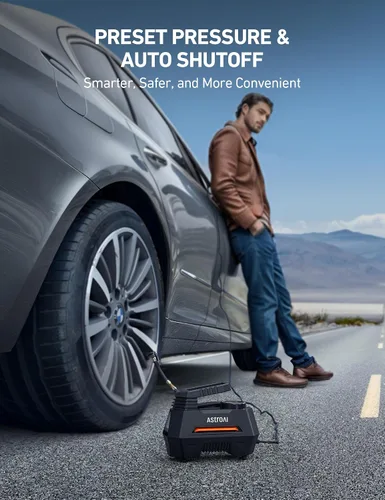 Vista 4 de AstroAI - Inflador de neumáticos - Compresor de aire portátil para neumáticos de auto - Bomba automática de 12 V CC con manómetro digital, 100 PSI