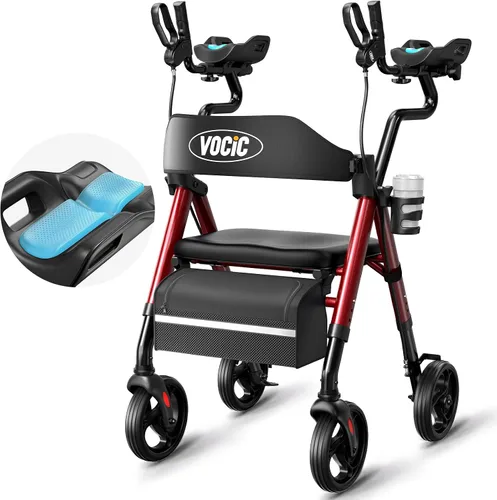 Vista 11 de VOCIC Caminantes para personas mayores, andador vertical con reposabrazos ajustables, Z22 GelCool Stand Up Walker con asiento y respaldo Ergo