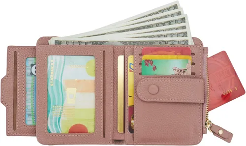 Vista 2 de Mini cartera plegable de cuero suave con protección RFID, para mujer, con funda para tarjeta, con ventana de identificación, monedero