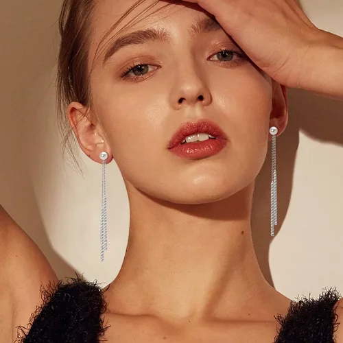 Vista 4 de Aretes colgantes de perlas para mujer, plata de ley 925, perlas de agua dulce, piedra natal de junio, aretes colgantes de perlas largas, regalos