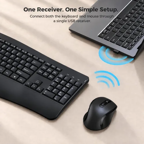 Vista 10 de Combo de teclado y mouse inalámbricos, teclas de onda ergonómicas 2.4G Negro