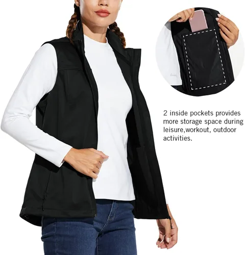 Vista 6 de BALEAF Chaleco ligero Softshell sin mangas para mujer, resistente al viento, cuello alto con bolsillos con cremallera, correr, senderismo, golf