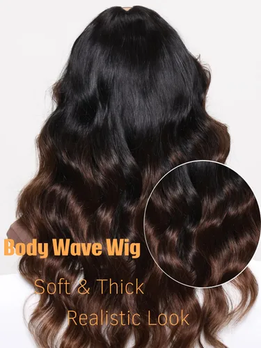 Vista 6 de Julia Hair Peluca de cabello humano ondulado degradado 12A con reflejos en V, parte en U, sombra y raíz, balayage, sin pegamento, cabello virgen