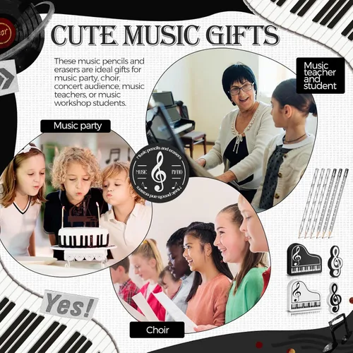 Vista 5 de 24 piezas Lápices de música con notas musicales y borradores Teclado de piano de madera Borradores para recitales de piano Regalos musicales A favor