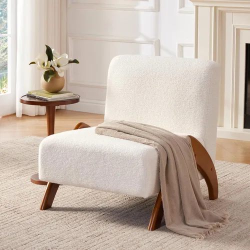 Vista 15 de Silla decorativa de gran tamaño, tapizada sin brazos de mediados de siglo, moderna silla de sala de estar con patas de madera para dormitorio Beige