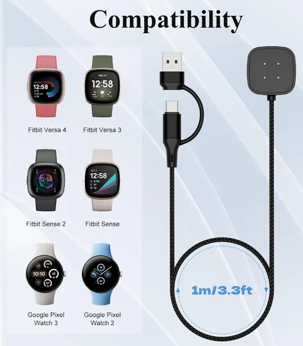 Vista 2 de TiMOVO Cargador compatible con Fitbit Versa 4/Versa 3/Sense 2/Sense, cable de carga USB-A/C, soporte magnético para Google Pixel Watch 3/Pixel Watch