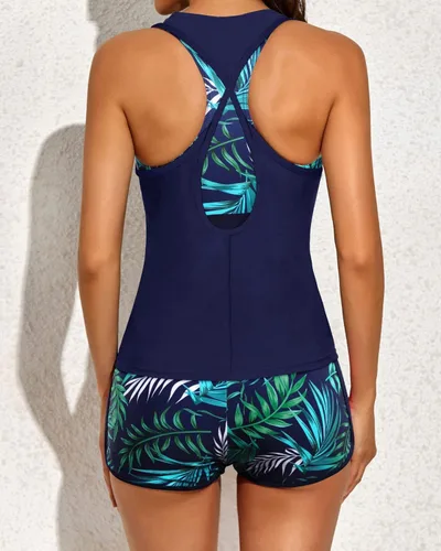 Vista 2 de Yonique Traje de baño tankini atlético de 3 piezas para mujer con pantalones cortos, camiseta sin mangas con brasier deportivo y pantalones cortos