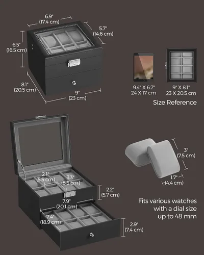 Vista 6 de SONGMICS Caja de reloj de 16 ranuras, caja de reloj con tapa de vidrio, 2 capas, vitrina de reloj con cerradura, cuero sintético negro, forro gris