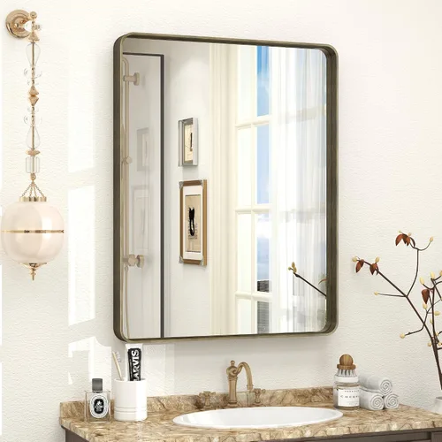 Vista 57 de Paquete de 2 espejos de baño con marco de metal negro de 22 x 30 pulgadas, espejo rectangular redondeado negro mate, antioxidante, se cuelga