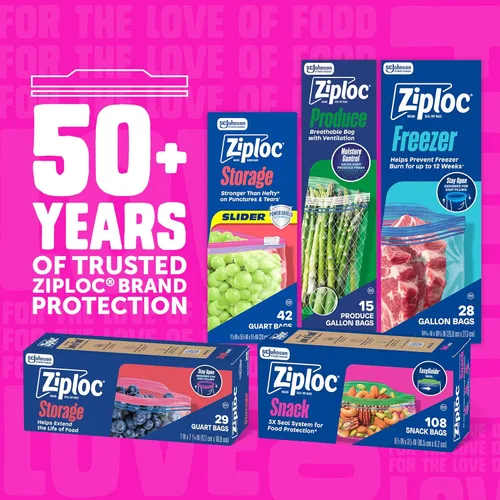 Vista 6 de Bolsas Ziploc de almacenamiento de alimentos Quart, fondo de pie, fáciles de llenar, 29 unidades (el empaque puede variar)