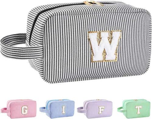 Vista 74 de Bolsa de maquillaje personalizada con inicial A-Z para mujeres, niñas y niños, bolsa de aseo de viaje, bolsa de maquillaje preparada, bolsa