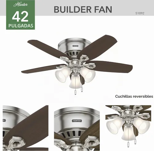 Vista 10 de Hunter Constructor, para interiores, ventilador de techo, cadena de tracción, 42 pulgadas, níquel cepillado con luces LED, montaje empotrado